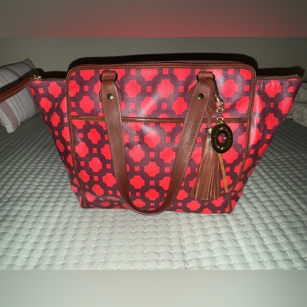 ISSAC MIZRAHI Live! Bridgehampton Printed Canvas Leather Tote Purse Bag Red NWOT